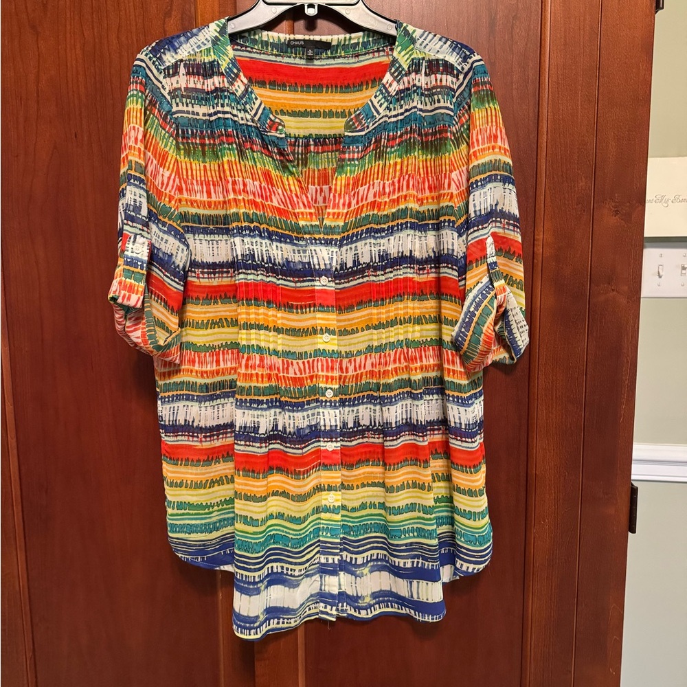 Women’s Multicolor Striped V-Neck Roll-Sleeve Top